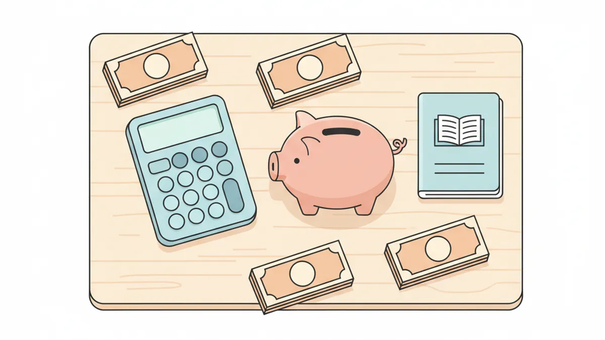 電卓と貯金箱でお金を整理するイメージ
