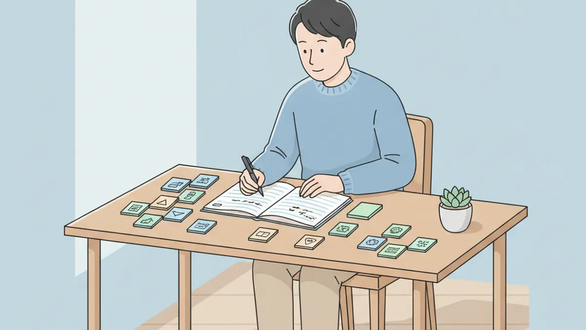 ノートに不安を書き出して整理する男性