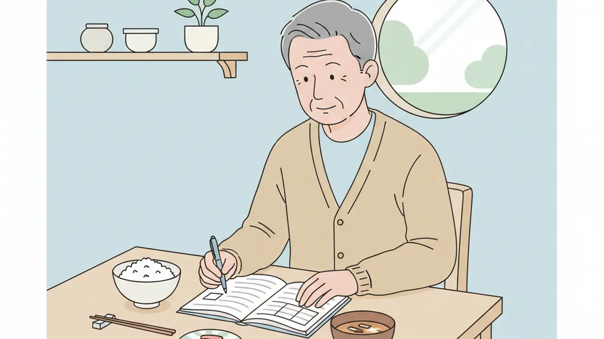 食卓で家計簿を見る60代男性