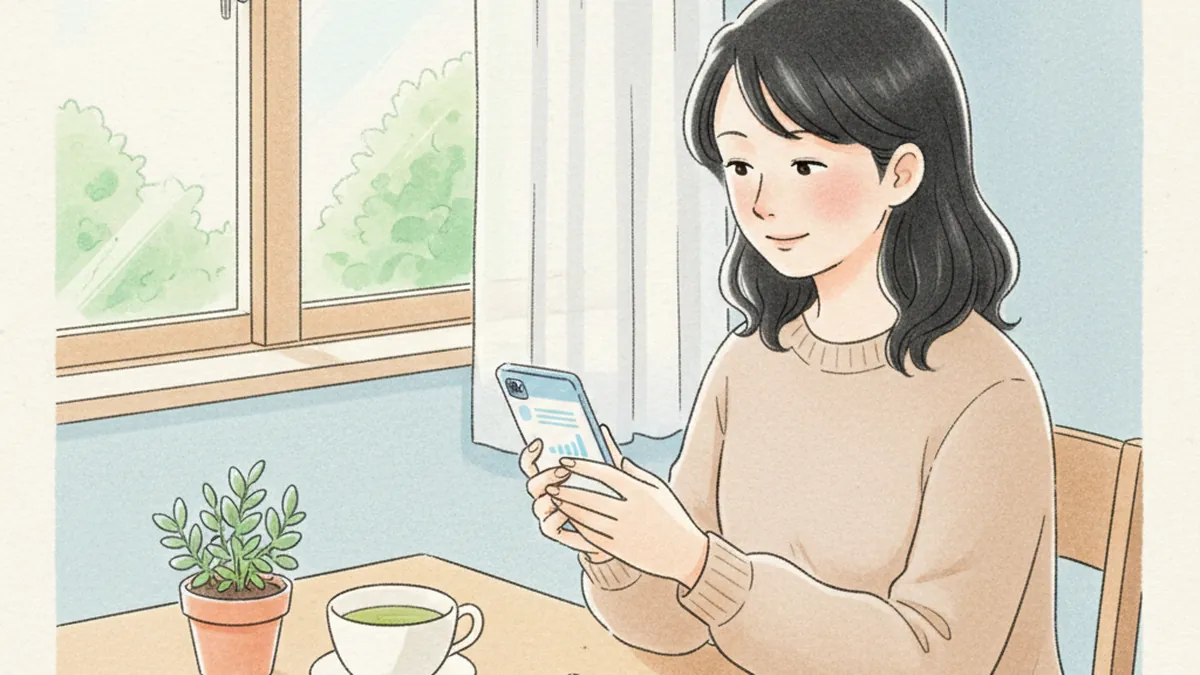 スマホで生活費を確認する40代女性