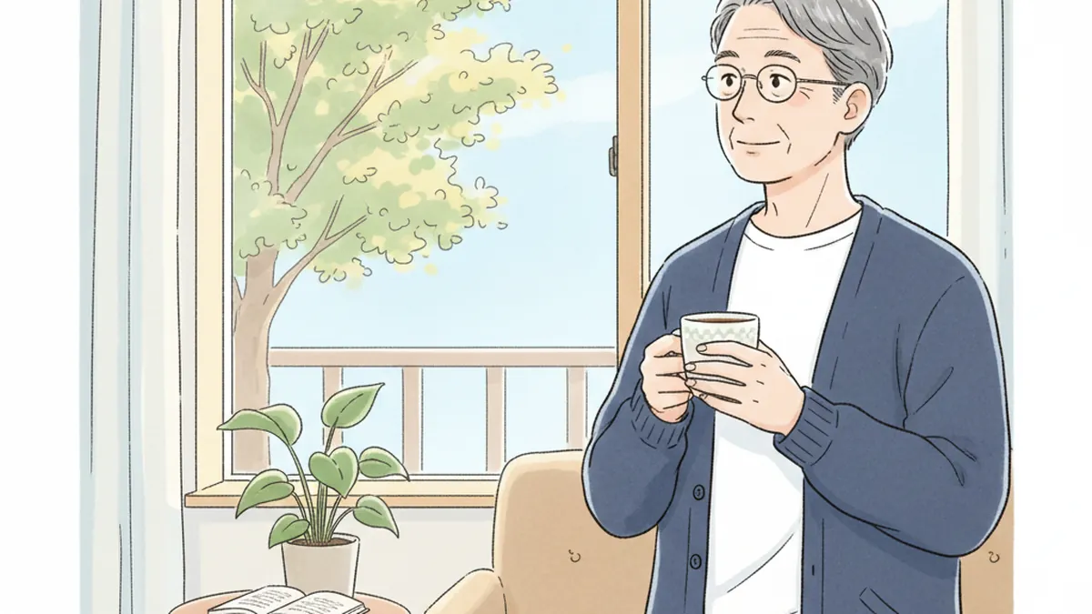 穏やかに窓辺でコーヒーを楽しむ60代男性