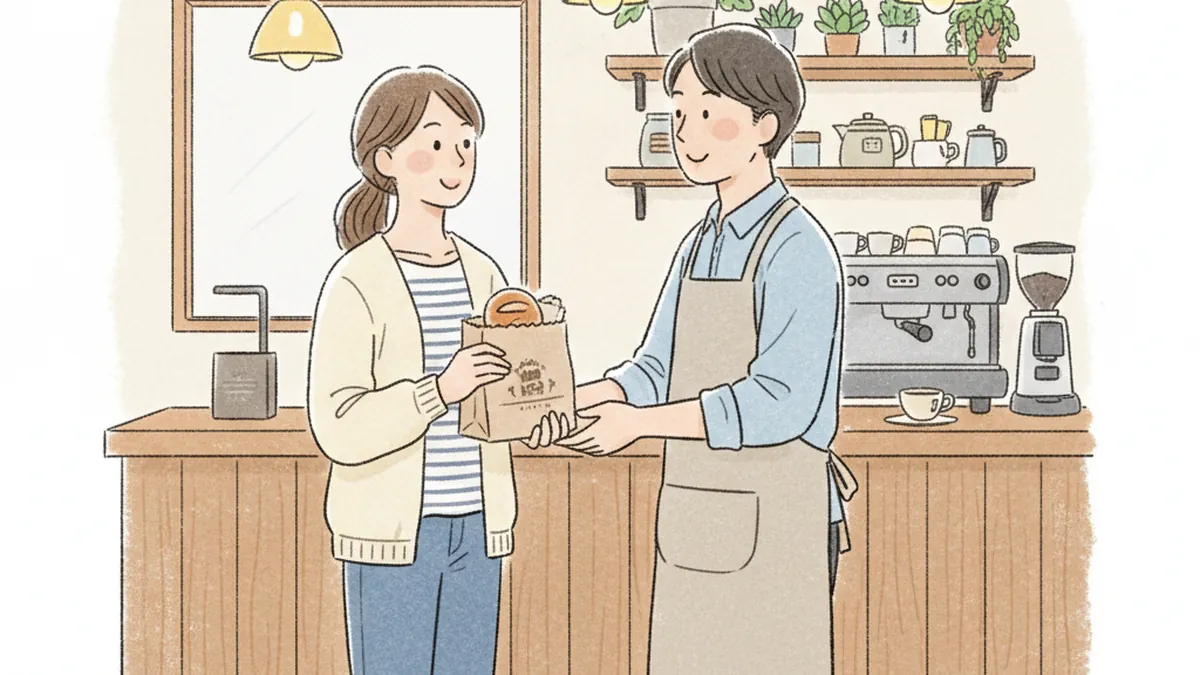 カフェで店員と笑顔を交わす40代女性