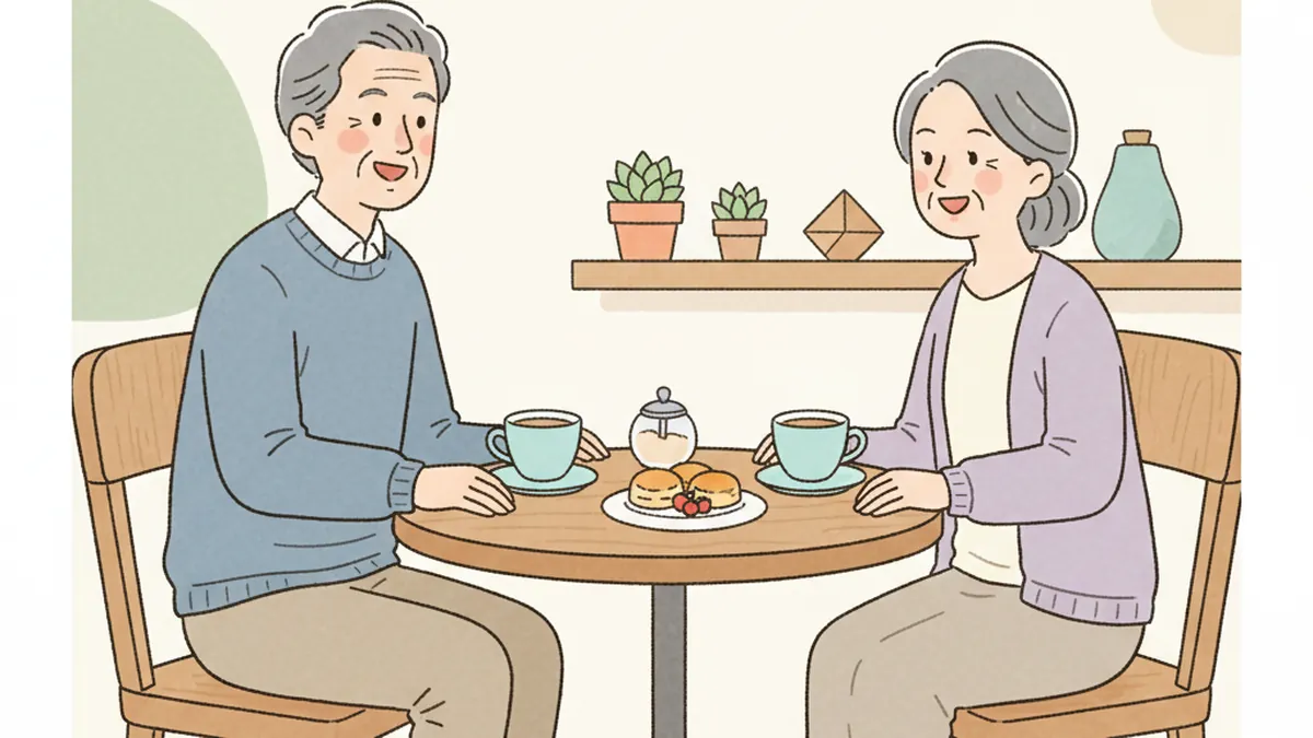 カフェで穏やかに会話する60代の友人同士