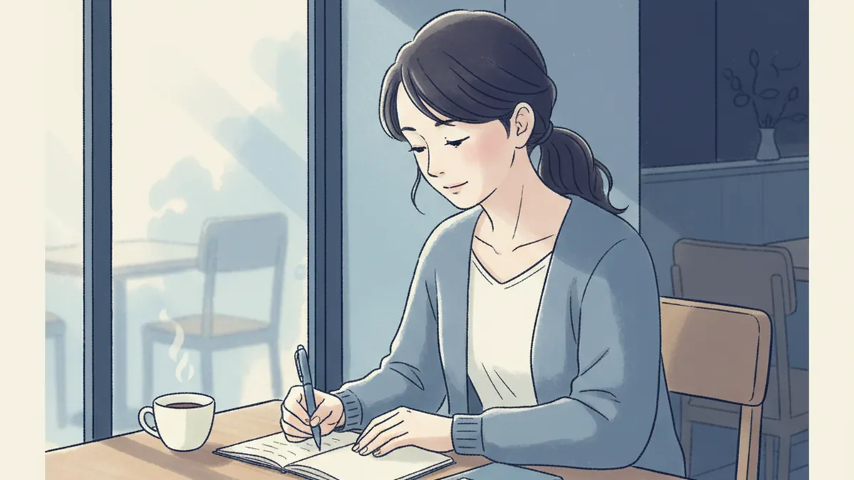 40代女性がカフェの窓際でノートに何かを書きながら考えている場面