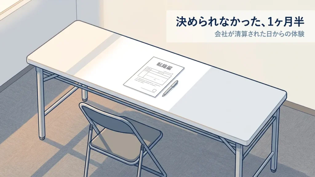 転籍届の書類とパイプ椅子が置かれた会議室のテーブルのイラスト