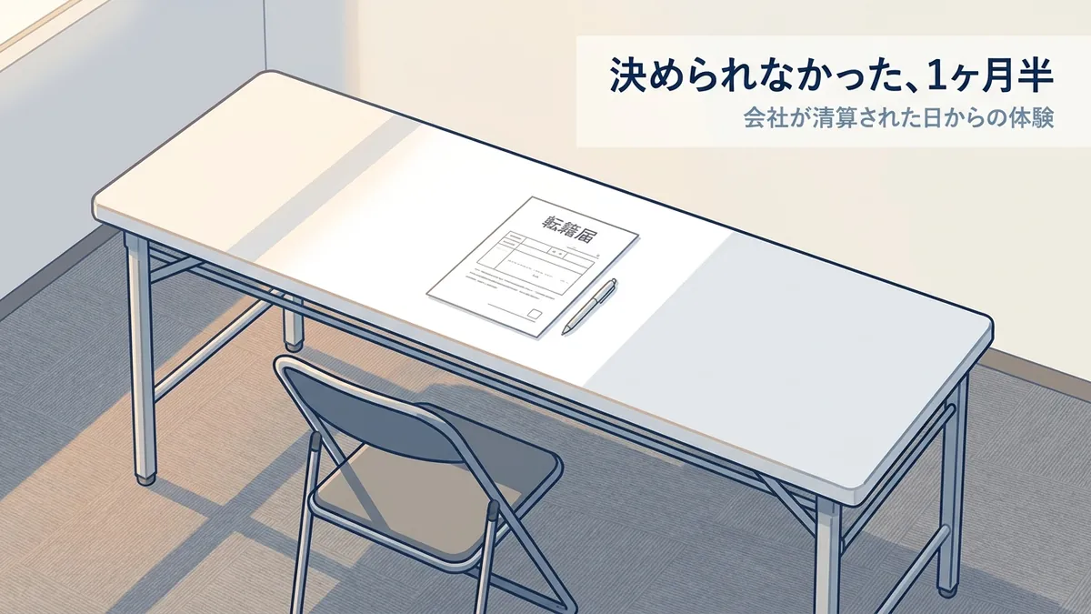 転籍届の書類とパイプ椅子が置かれた会議室のテーブルのイラスト
