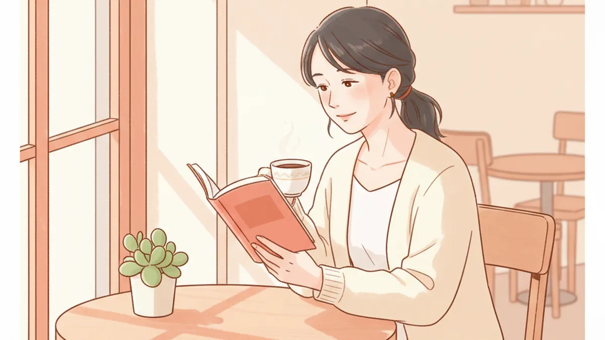 40代女性がカフェで本を読みながらコーヒーを楽しむ場面