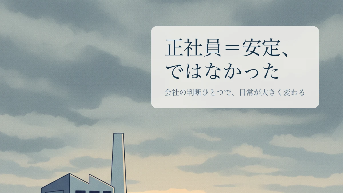 曇り空の工場と一本道を描いたイラスト ― 正社員=安定、ではなかった