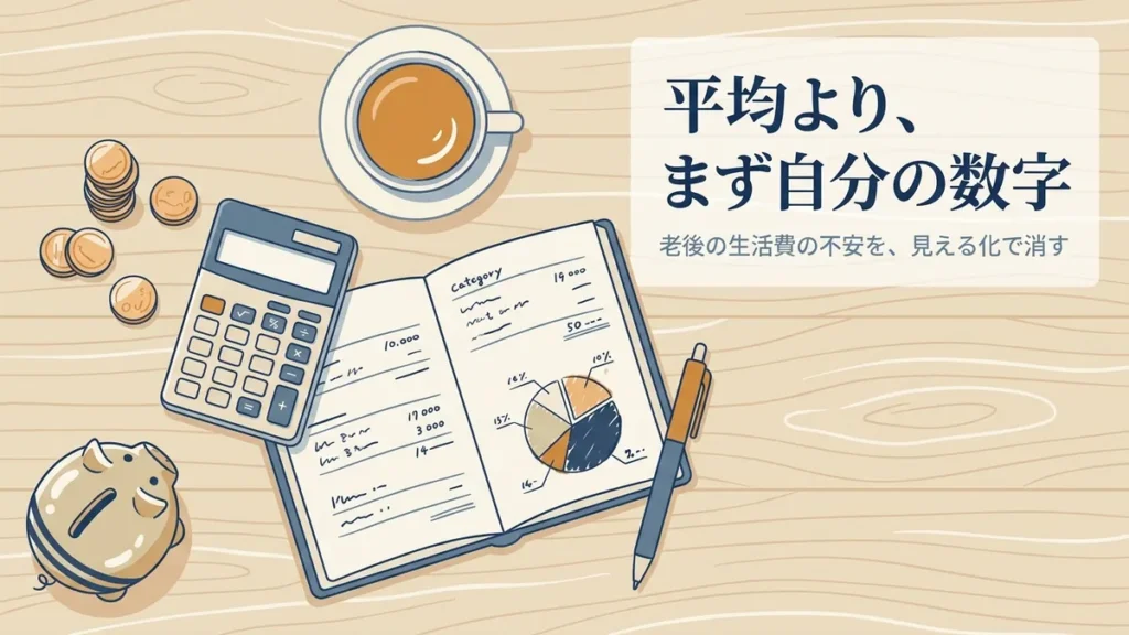 家計簿ノート・電卓・コイン・貯金箱を上から見たイラスト。平均より、まず自分の数字。老後の生活費の不安を見える化で消す。