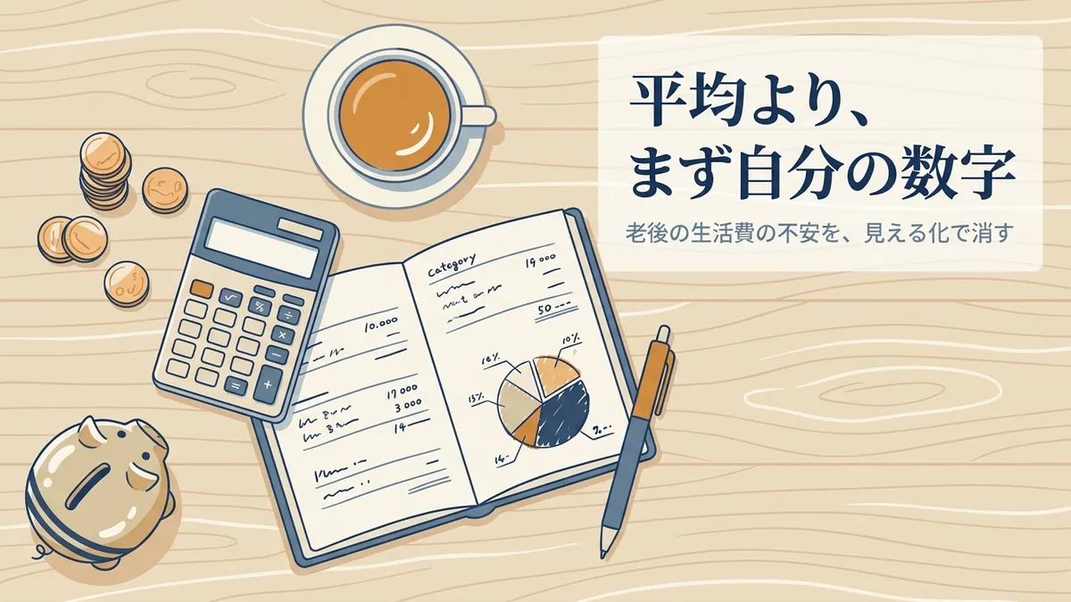 家計簿ノート・電卓・コイン・貯金箱を上から見たイラスト。平均より、まず自分の数字。老後の生活費の不安を見える化で消す。