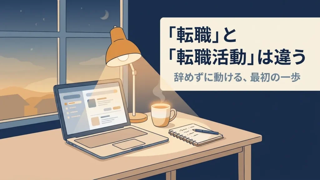 夜の自宅のデスクでノートパソコンを開き、求人サイトを見ている様子のイラスト。「転職」と「転職活動」は違うというメッセージ。