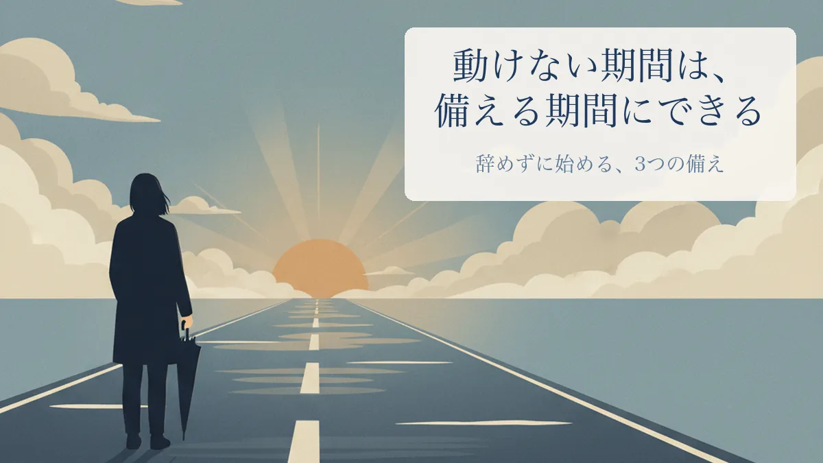 雨上がりの道を傘を手に歩き出す人物の後ろ姿。動けない期間は備える期間にできることを示すアイキャッチ