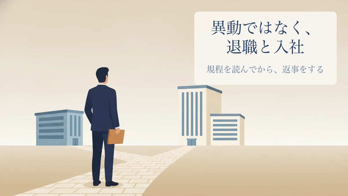 分かれ道に立ち、2つの会社のビルを前に同意書を手にする会社員の後ろ姿