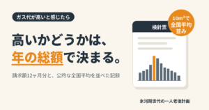 高いかどうかは年の総額で決まる。請求額12ヶ月分と公的な全国平均を並べた記録